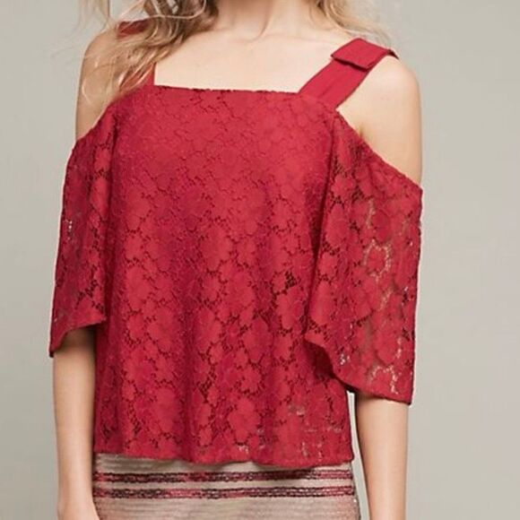 Anthropologie Sundays In Brooklyn Red Lace Overlay Cold Shoulder Top | Size Medi - Picture 1 of 6